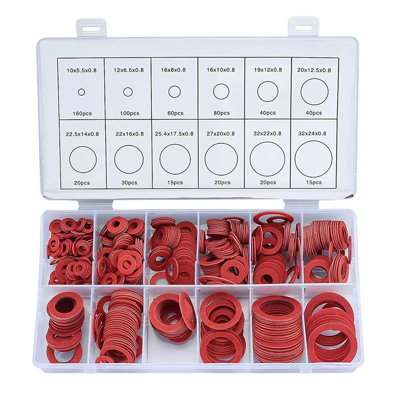 Kit assortito per rondella in fibra da 600 pezzi Kit di rondella piatta in fibra di carta in acciaio rosso di 12 dimensioni Kit di assortimento di guarnizioni ad anello piatto