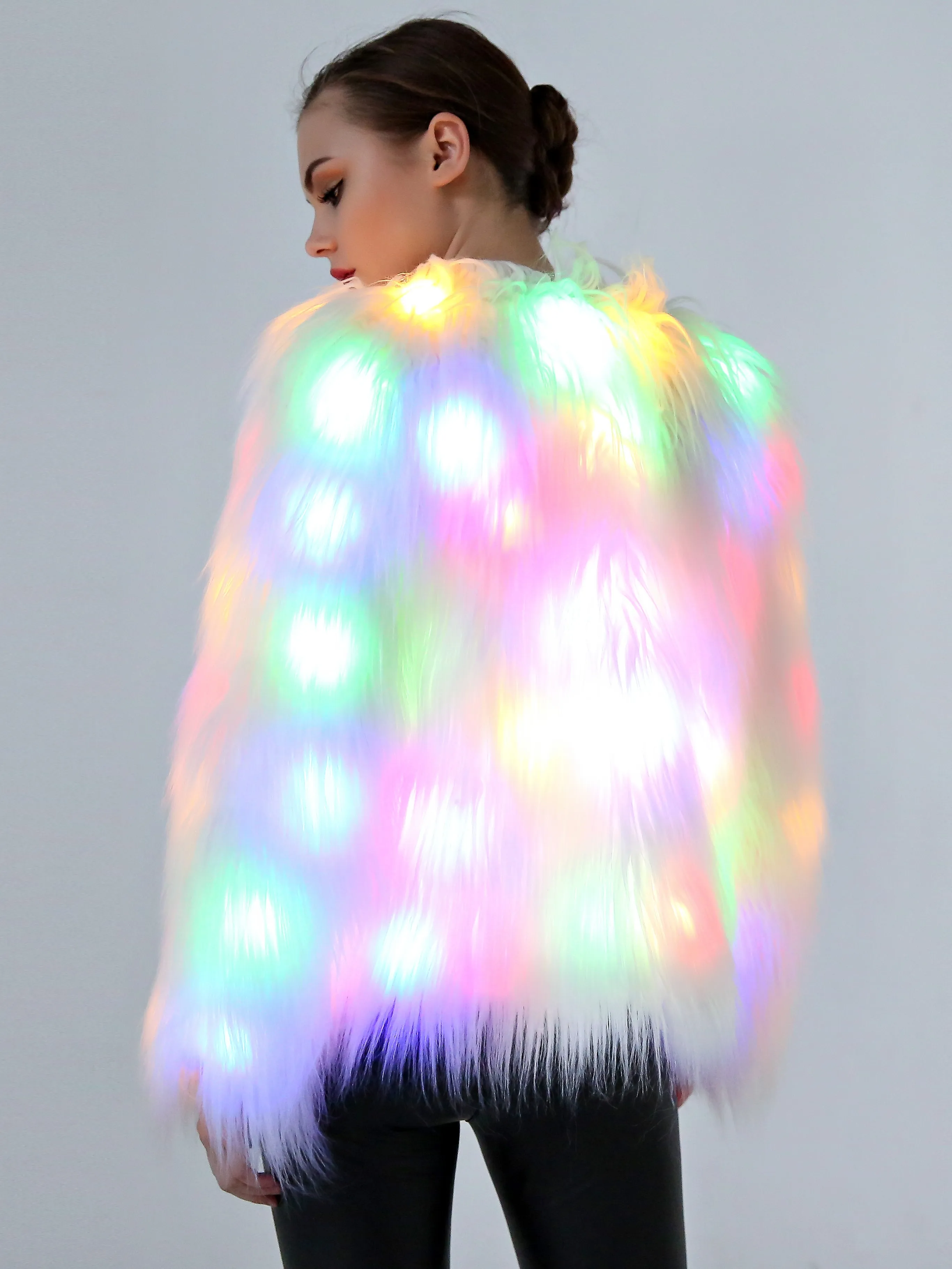 Women Faux Fur LED Light Coat Christmas Costumes Cosplay Fluffy Fur Jacket Outwear Winter Warm Festival Party Club Overcoat