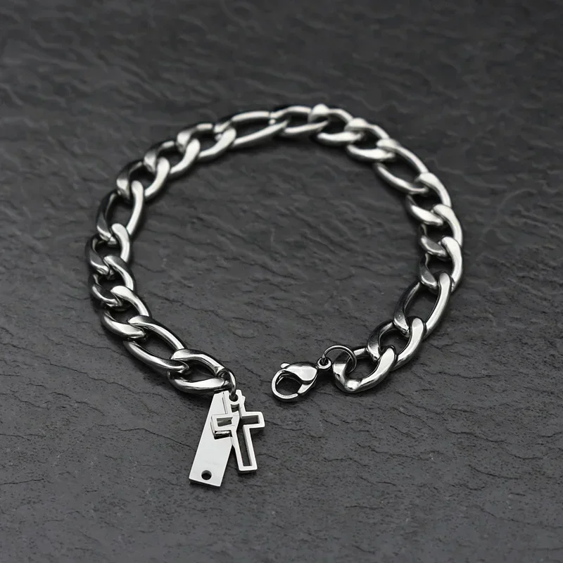 Silver Color Stainless Steel Bracelets Hollow Cross Pendant Chain Hip Hop Punk Goth Party Male Bracelet for Women Jewelry Gift