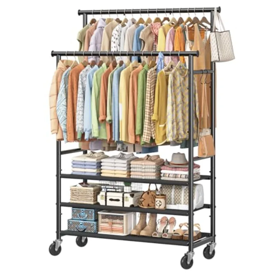 

Double Rods Clothes Rack for Hanging Clothes, Rolling Clothing Rack with Wheels, 3-Tier Hanging Rack with Mesh Shelves, Holds 3