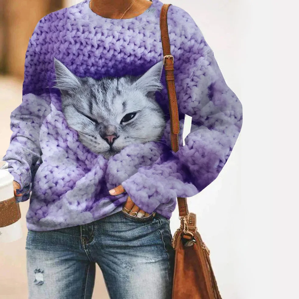 Fashion Cute Cat Sweatshirts Animal 3D Print Women Autumn Casual Long Sleeve Hoodies Y2k Streetwear Pullover Top Female Clothing