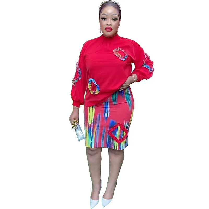 

Dashiki African Clothes for Women Summer Spring African Women Polyester Long Sleeve Two Pieces Sets Top and Skirts African Suit