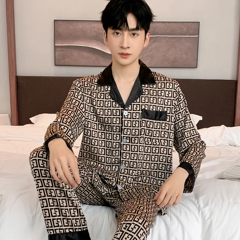 High Quality Satin Chiffon Pajamas Suit Men Spring Summer New Ice Silk Long Sleeved Thin Sleepwear Set Male Home Wear Autumn Boy