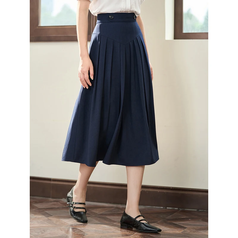 INMAN Women Skirt 2023 Summer Design Button Waist A-shaped Loose Pleated Design Commuting Temperament Yellow Navy Skirt