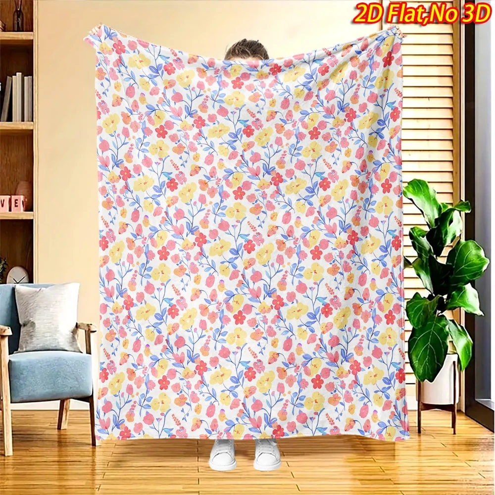 White Base Pastel Pink Yellow Tiny Floral Flannel Throw Blanket,Soft Warm Sofa Cover,Fresh Decor Gift For Bedroom Daily Rest Use
