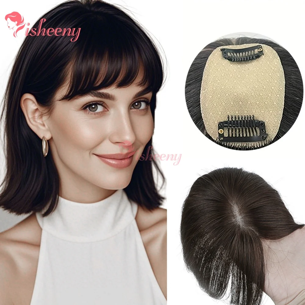 

Isheeny Натуральные человеческие волосы Топпер 5x9 см Размер сетки для волос 8 "-14" Инъекционная центральная часть Верхняя часть волос Изящные волосы с челкой