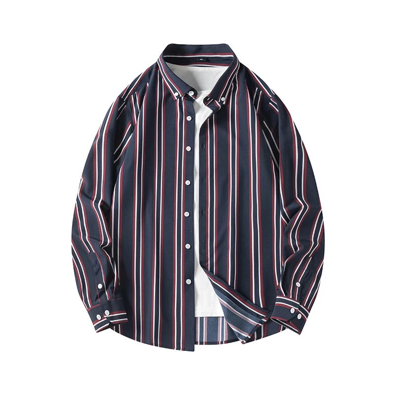 Spring Autumn Men's Striped Turn-down Collar Long Sleeve Button Cardigan Shirt Coats Casual Loose Office Lady Vintage Tops