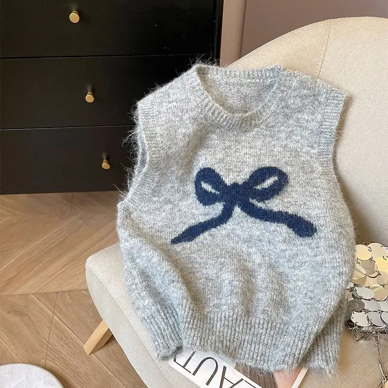 

Fashionable Women Sweater Vest Bow Soft Sweater Versatile 2024 Autumn Korean Style Solid Color Knitted Sweater