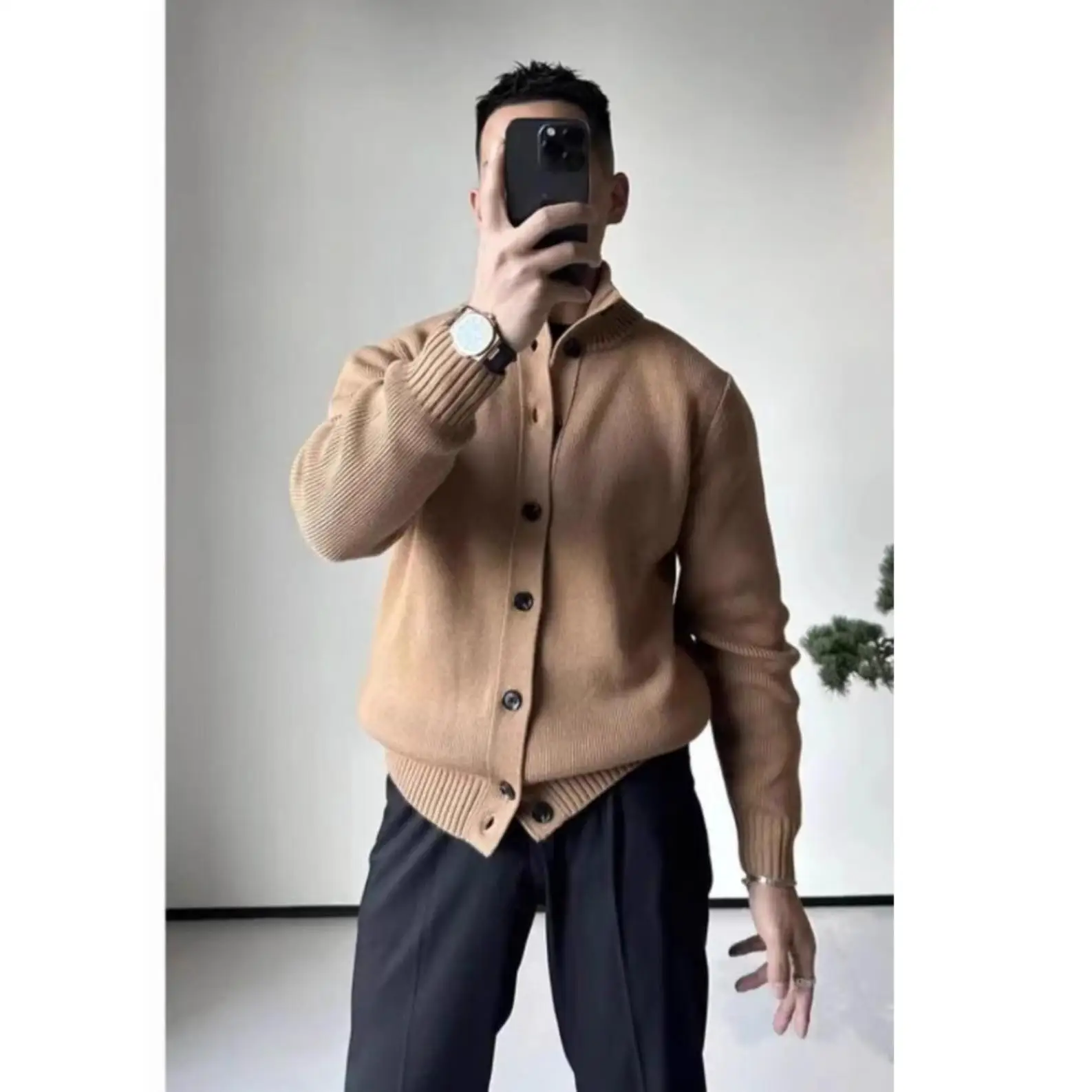 

Trendy Knitted Open Cardigan Men's Casual Sle Stand Collar Long Sve Sweater Jaet Autumn Winter Busin Leisure Faion