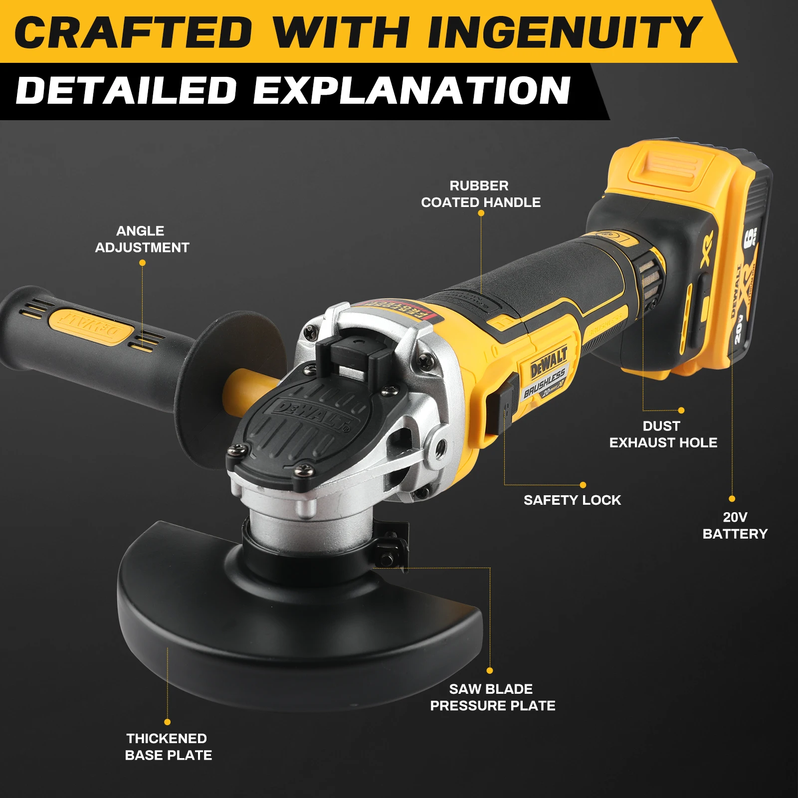 DEWALT DCG405NT 18 فولت ماكس طاحونة زاوية بدون فرش - رأس مسطح 125 مم، 8500 دورة في الدقيقة، كيس لقطع المعادن وطحن الحجر وأعمال النجارة