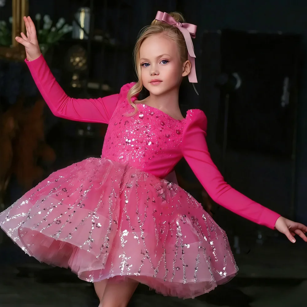 2026 Eucharistic Birthday Party Vestidos Pink Flower Girl Dress Fluffy Sequin Applique Sparkly Wedding Elegant Flower Child's