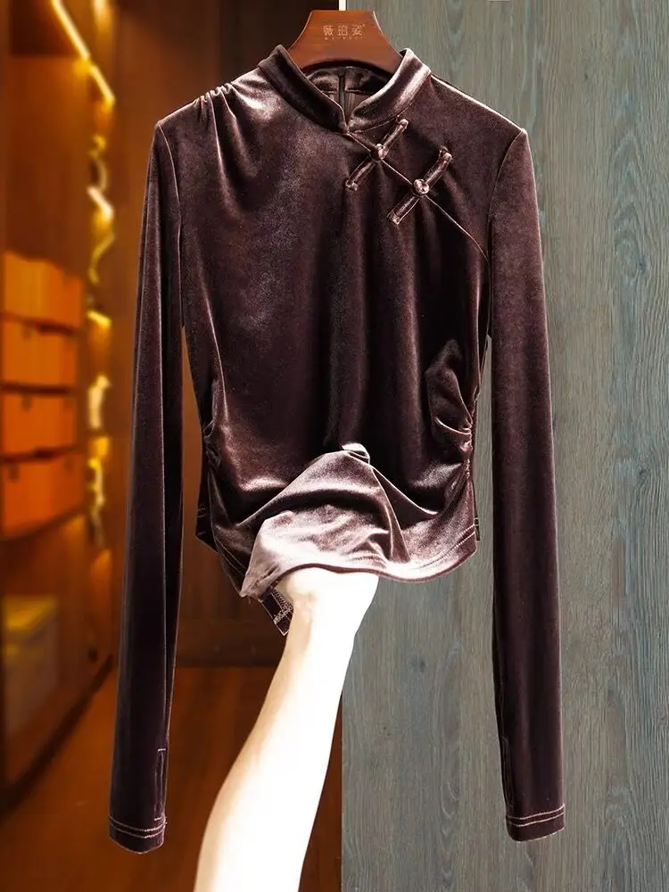 New Spring Autunm velour blouse large Size tops 7XL 8XL Chinese Elegant Vintage Stand Collar Irregular Gold Velvet shirts