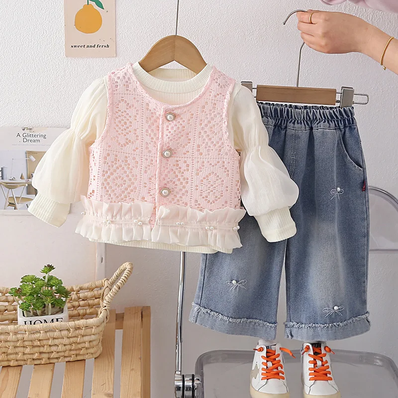 New Arrival Kids Girl 3pcs Set Lace Vest Puff Sleeve Blouse Denim Pants Toddler Baby Korean Style Sweet Casual Spring Outfit