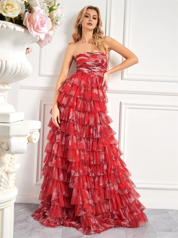 

XUIBOL Haute couture Evening Dress Prom 2024 Red Chiffon Strapless Luxury Long Gowns Mermaid Bridesmaid Party Cocktail Dress