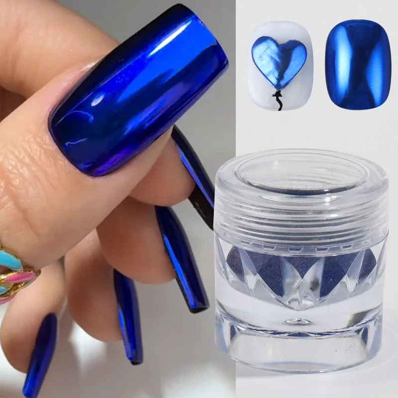 Royal Blue Chrome Mirror Nail Powder Pigment with Brush Metallic Mirror Effect Dark Blue Rubbing Glitter Dust Nail Art Decor