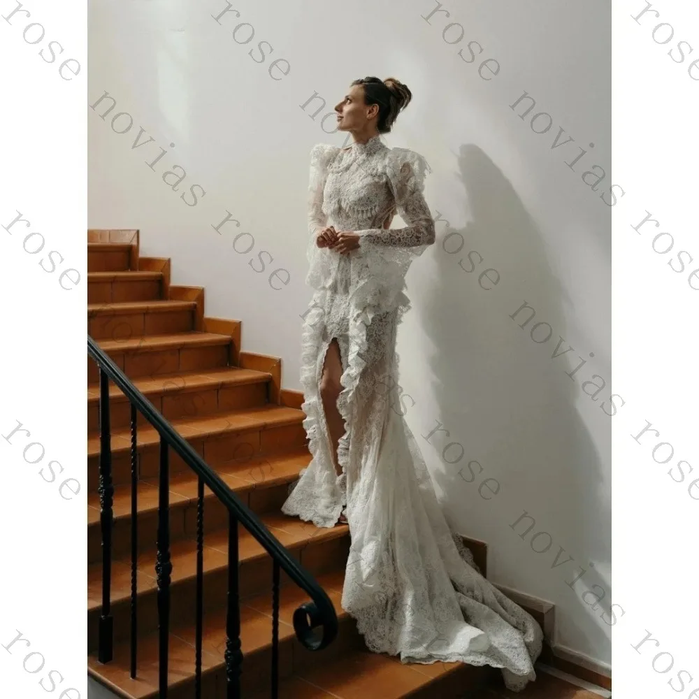Customized High Neck Long Sleeve Long Sleeve Lace Embroidery vestidos de noche Tiered Ruffle Backless Evening Dresses