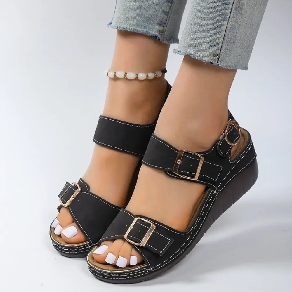 Women Double Buckle Wedge Sandals Adjustable Strap Back Strap Open Toe Arch Support Ladies Summer Casual Orthopedic Walking Sand