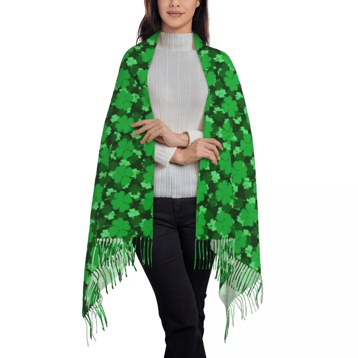 Lady Scarf Outdoor Shades Of Shamrock Headwear Scarves with Long Tassel Green Leaf Print Popular Shawls and Wrap Winter Bufanda