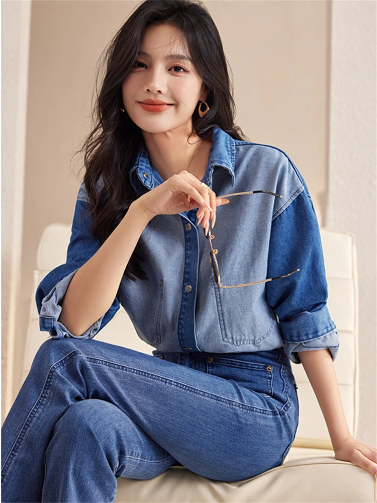 Women Blouse Female Shirt Summer Womens Blouses Spring Maxi Blusas Casual Cowboy Vintage Long Sleeve Denim Oversize Loose