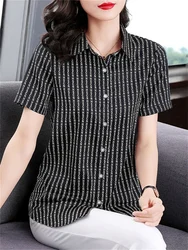 5XL Women Spring Summer Blouses Shirts Lady Fashion Casual Short Sleeve V-Neck Collar Letter Stripe Printing Blusas Tops TT2432