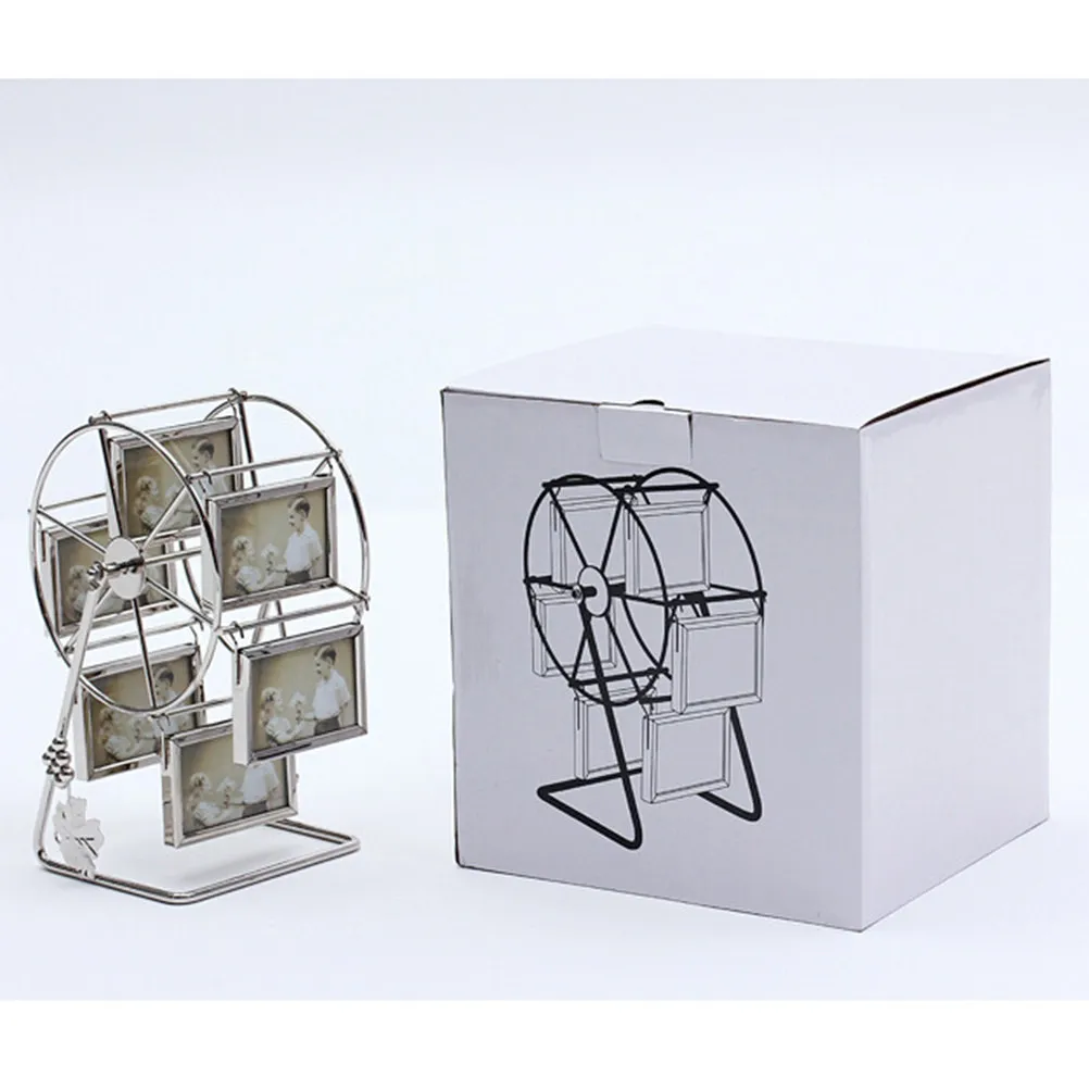 Rotating Ferris Wheel Photo Frame, 6-Sided Silver Metal Rotating Photo Stand, Gift Home Decoration Souvenir Desktop Ornament