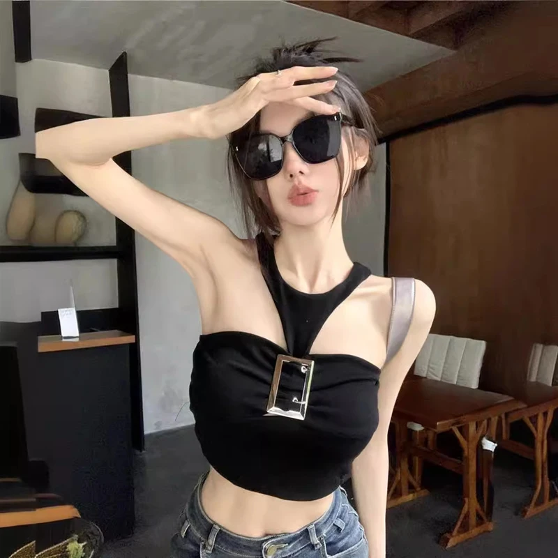 

Summer Women's Top Sexy Hot Girl Slim Camisole Short Metal Button Backless Sleeveless Vest