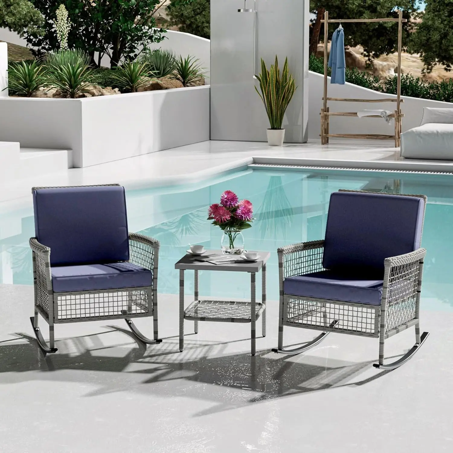 

3 Pieces Patio Furniture Set，Wicker Rocking Chair Set with Cushions and Side Table，Rattan Outdoor Conversation Bistro Set