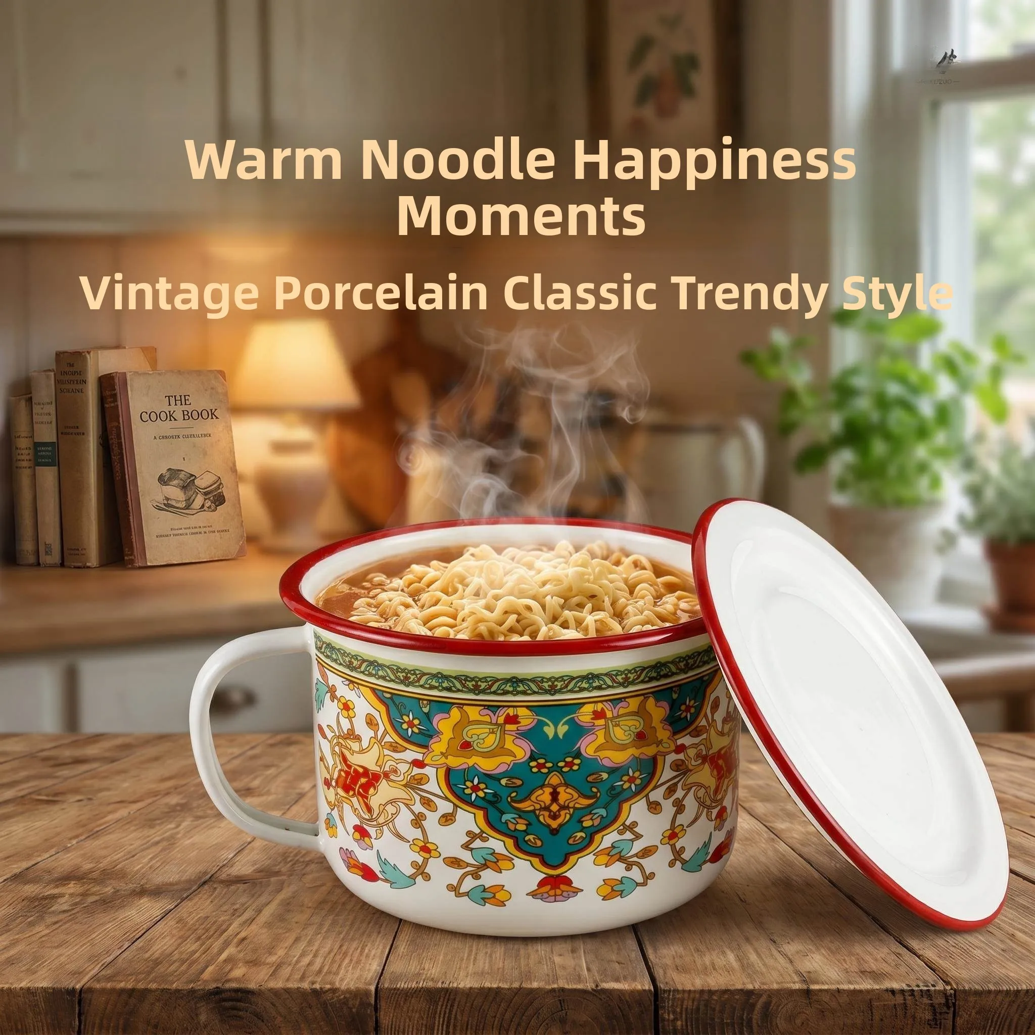

Large Capacity Enamel Soup Bowl with Handle for Instant Noodles Retro Style Microwave Not Suitable Dishwasher Not Supported