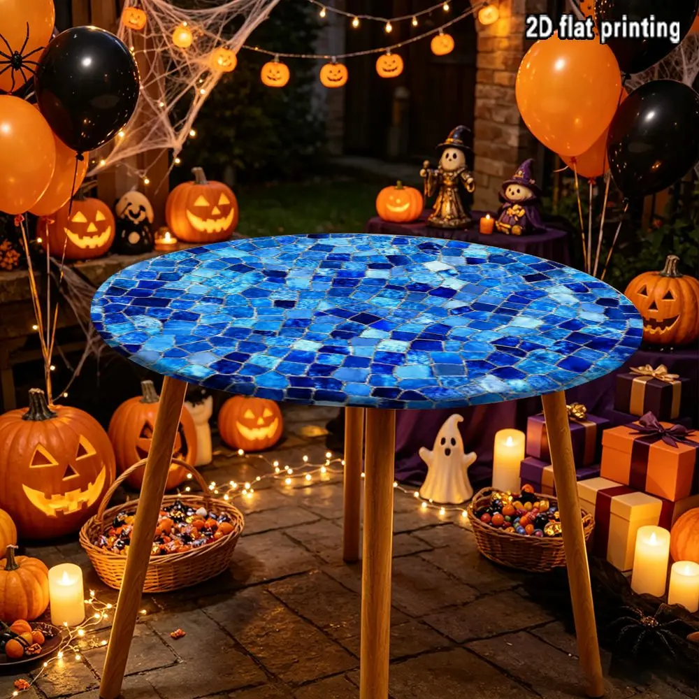 2D FLAT  1pc Elastic Round Tablecovers, Blue Mosaic Tile Pattern Ideal as Festival Halloween, Christmas Party Decor.