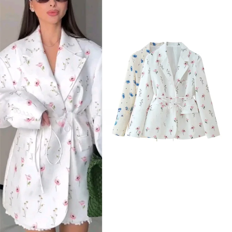 

Summer New Women's Loose Fit American Sle Long Sve Printed Belted Single Buttoned Suit Jaet Commute Sle Floral Pattern
