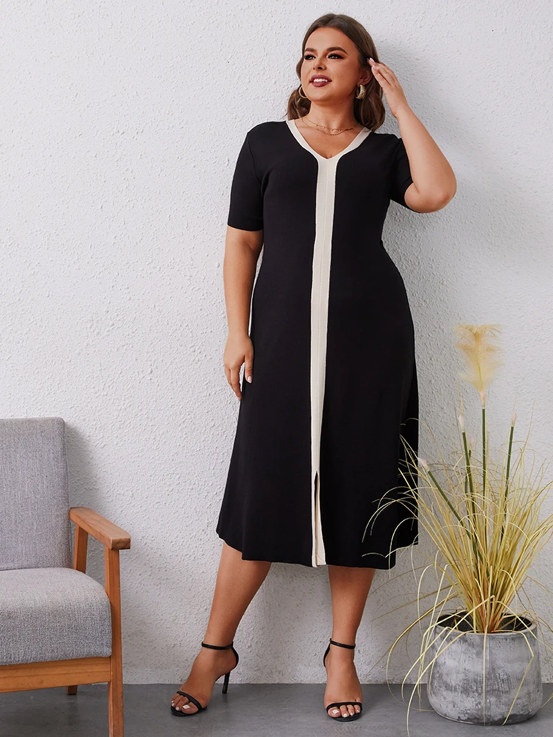 فستان نسائي قصير الأكمام محبوك ، فستان ماكسي ، أسود ، أبيض ، كوري ، أنيق ، طويل ، صيفي ، من من من الخارج