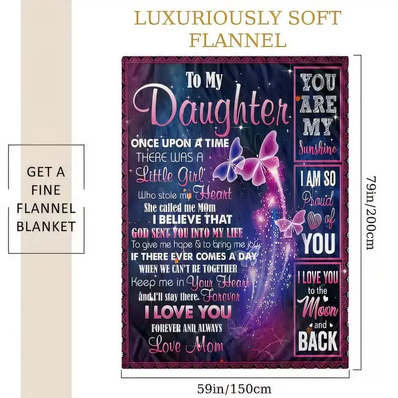Luxuriously Soft Flannel Daughter Blanket, Purple Pink Mom’s Love Message Design, Sentimental Gift for Daughter, Cozy Bedroom De