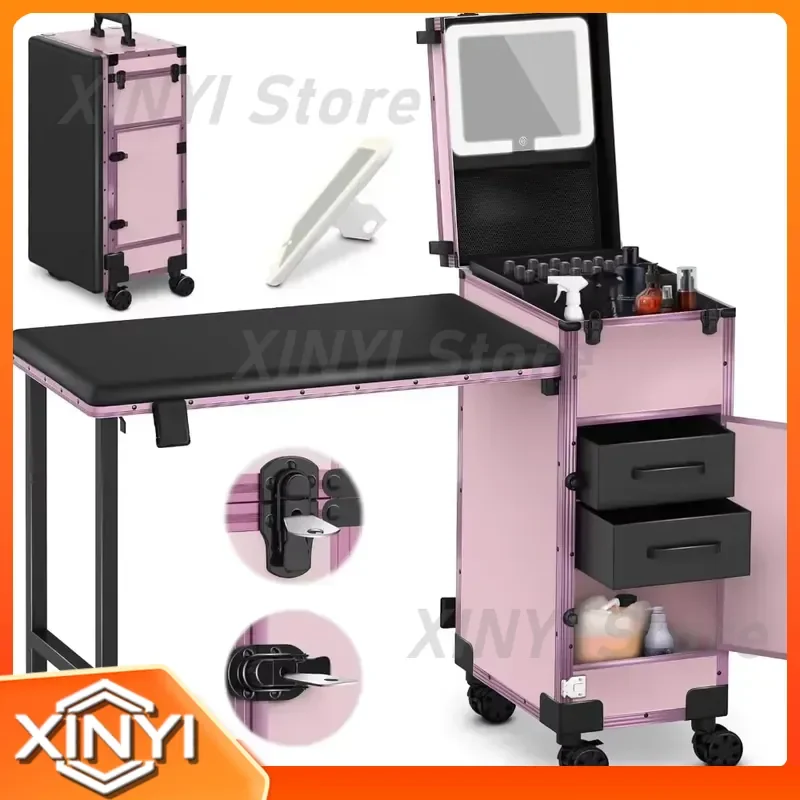 Rolling Portable Folding Nail Enhancement Table with 2 Drawers Mirror Nail Polish Holder Lockable Cosmetic Train Box for