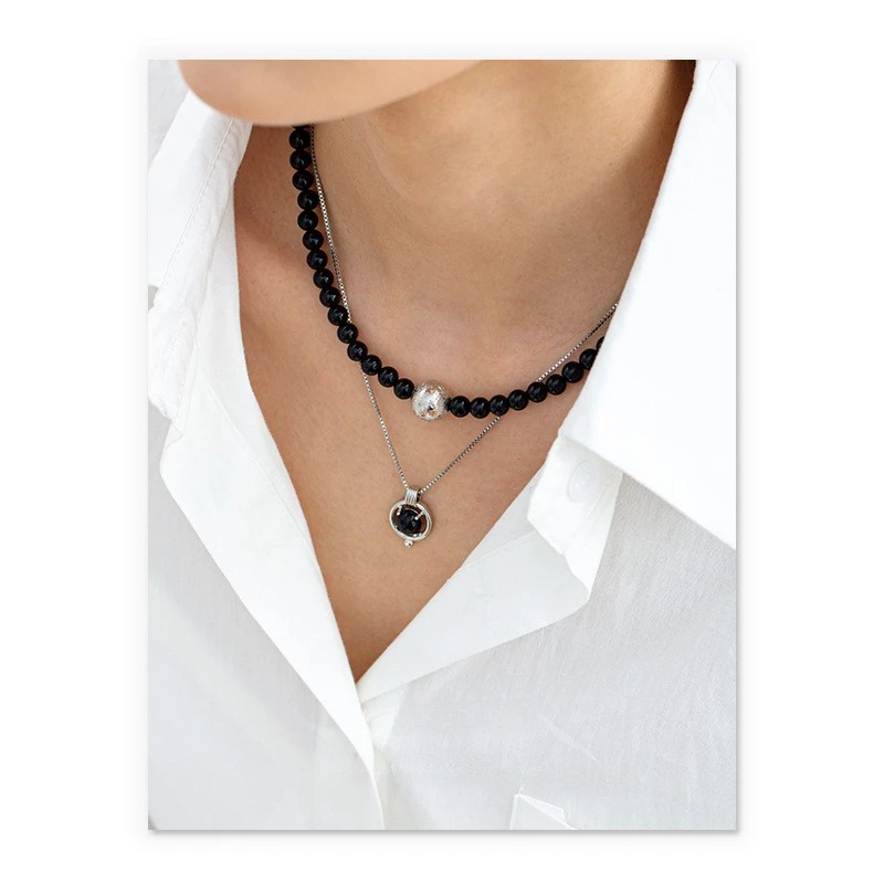 JINDOOR Black Onyx Necklace - Non-Tarnish, Classic Vintage Elegance, High-End Versatile Brass with Platinum Plating