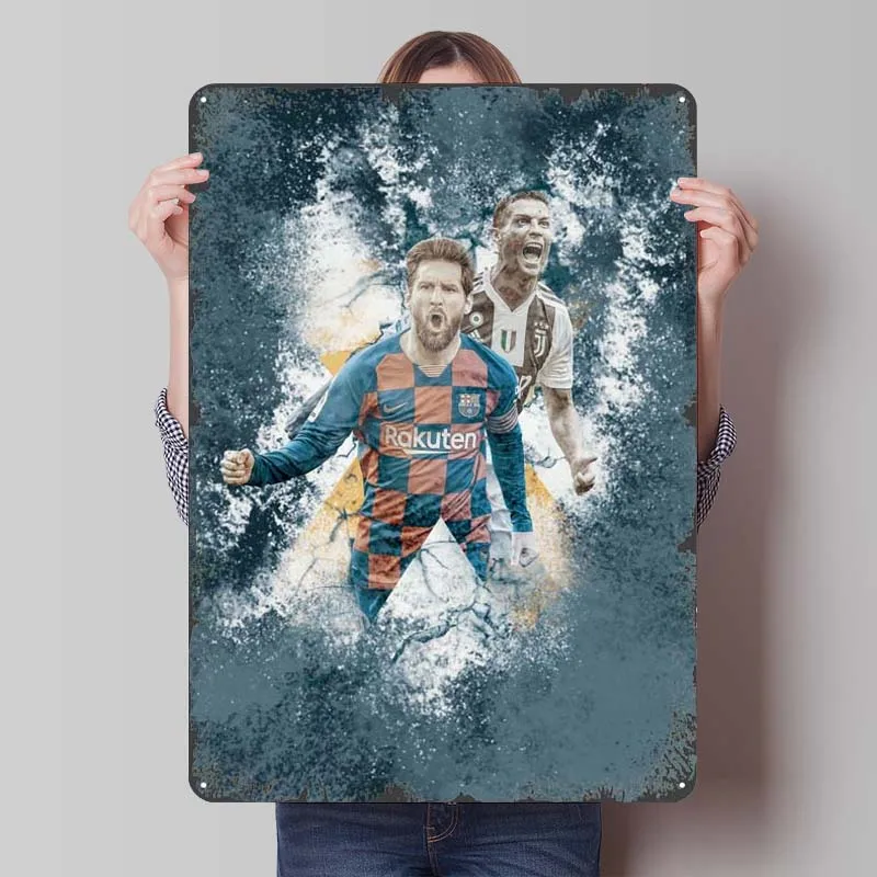 Messi X Ronaldo Tinplate Sign Sports Metal Poster Vintage Metal Plate Gaming Room Decoration Home Wall Decor Living Room Retro