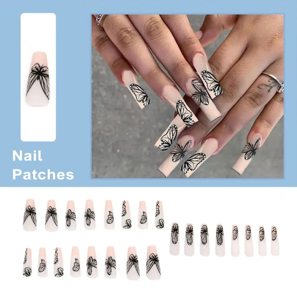 Artificial Nail Kit Nail Extension False Nails Fluttering Beauty 24pcs Long Black Butterfly Print Press-on For Women For Salon