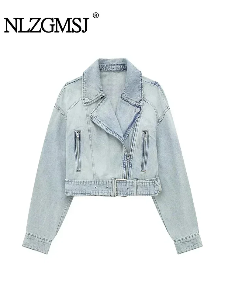 TRAF Women Vintage Lapel Zipper Denim Jacket New Spring Autumn Lady High Street Loose Short Moto Biker Coat Outwear