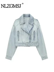 TRAF Women Vintage Lapel Zipper Denim Jacket New Spring Autumn Lady High Street Loose Short Moto Biker Coat Outwear