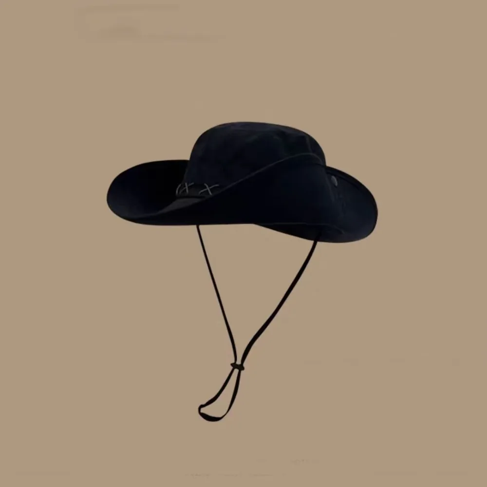 Vintage Breathable Western Cowboy Hat Solid Color Adjustable Wide Brim Sun Hat Retro Anti UV Fisherman Sunshade Cap Summer
