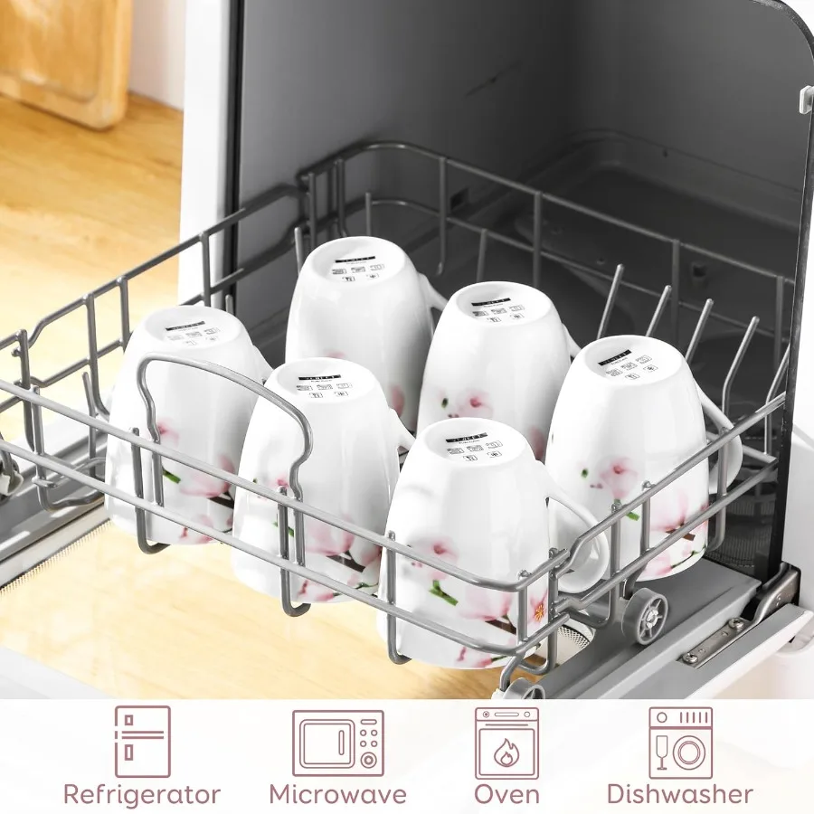 مجموعة من 6 أكواب قهوة سعة 11 أونصة مع مقبض مجموعة أكواب سيراميك بتصميم زهور للاستخدام في المطبخ مثالية للميكروويف الروتيني الصباحي اليومي #5