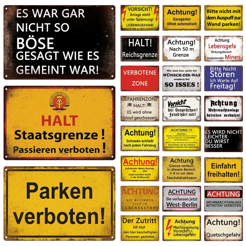 Tin Sign Achtung Mine Halt  Warning Vintage Sign Caution Metal Plaque Retro Metal Plate Parking Home Door Yard Street Wall Decor