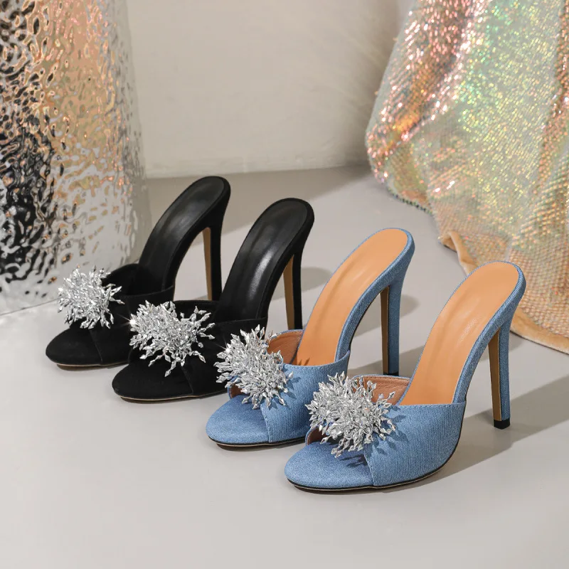 

Summer Women Pumps Temperament Pointed High Heeled Slippers Fashion Rhineston Flower Decoration Slippers Open-toed Denim Slipper