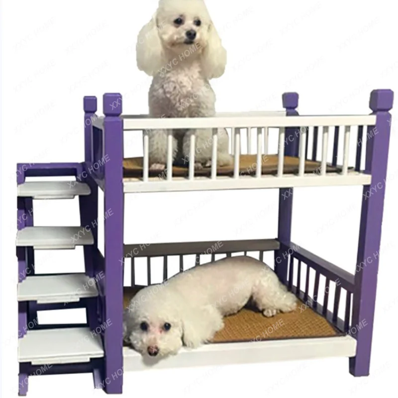 Dog Bed Solid Wood Princess Bed Cat Bed Dog Upper and Lower Bed Pet Bunk Bed High and Low Bed Cat Kennel White Gray