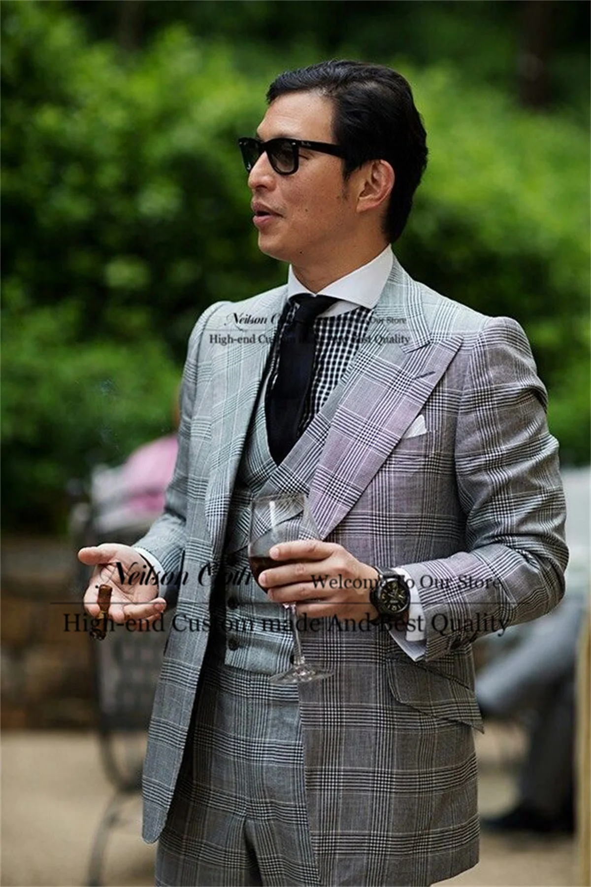 

Формальные клетчатые приталенные мужские пиджаки для выпускного вечера, комплекты из 3 предметов, свадебные смокинги для жениха с остроконечными лацканами, серые индивидуальные Terno Masculino