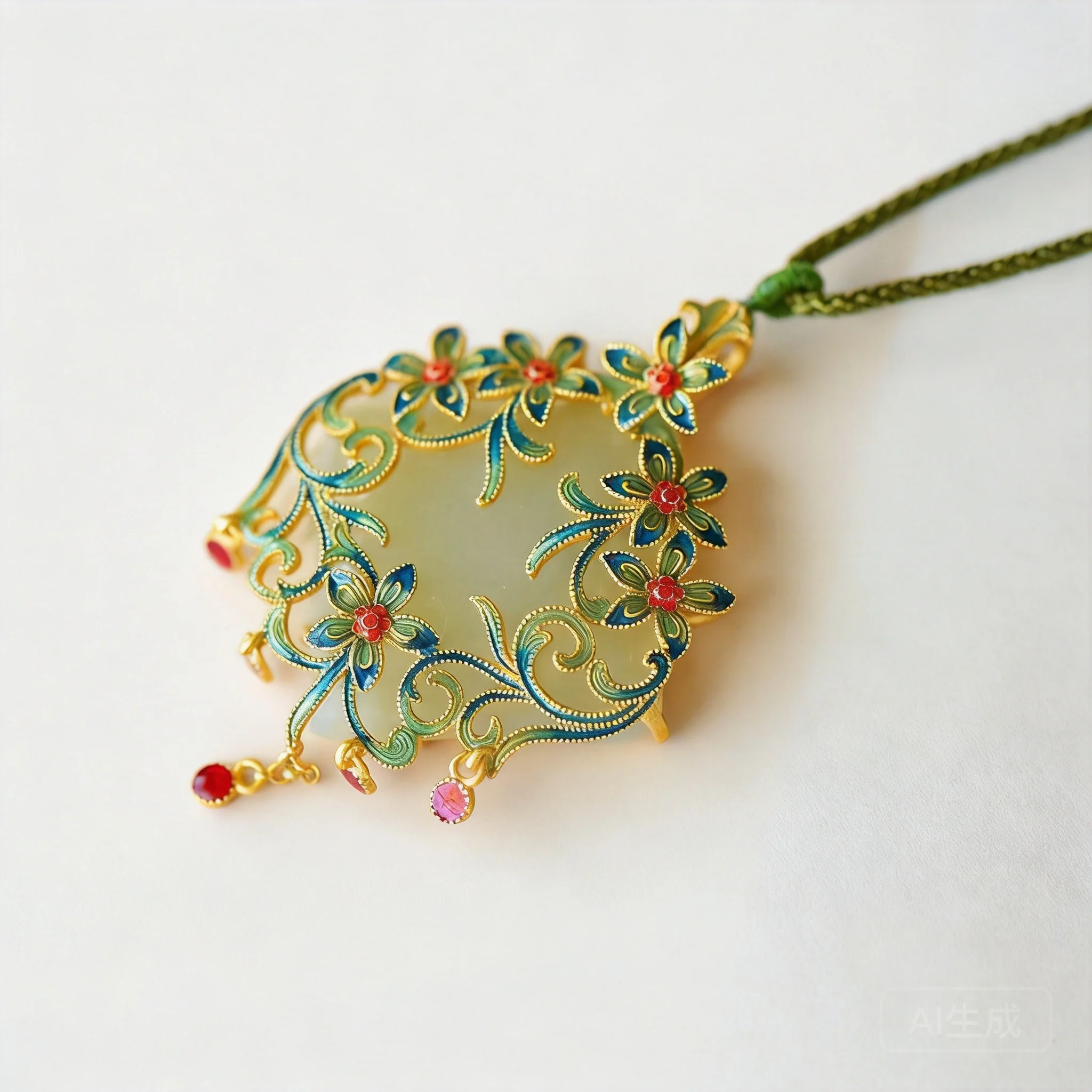 

Chinese Style Auspicious Blessing Hetian Jade Pendant Necklace Gold Plated Enamel Flower Design Adjustable Chain Women Good Fort