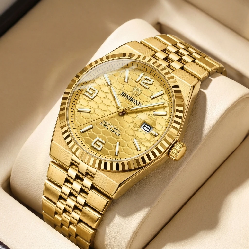 4pcs Men's Gold Honeycomb Metal Strap Luxury Fashion Date Window Sunglasses & Perfume Quartz Watch Gift Box Set, Birthday