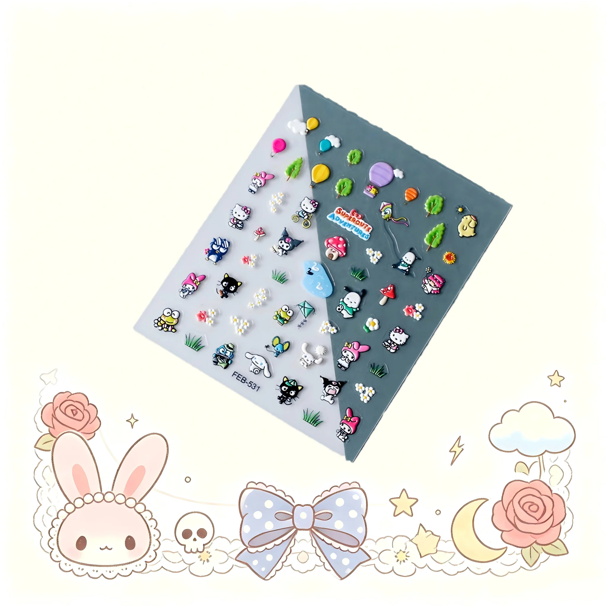 Sanrio Anime 5D Nail Stickers Hello Kitty Kurome Cartoon Stickers Nail Decoration Cute Melody Nail Art Decals Nail Art Supplies