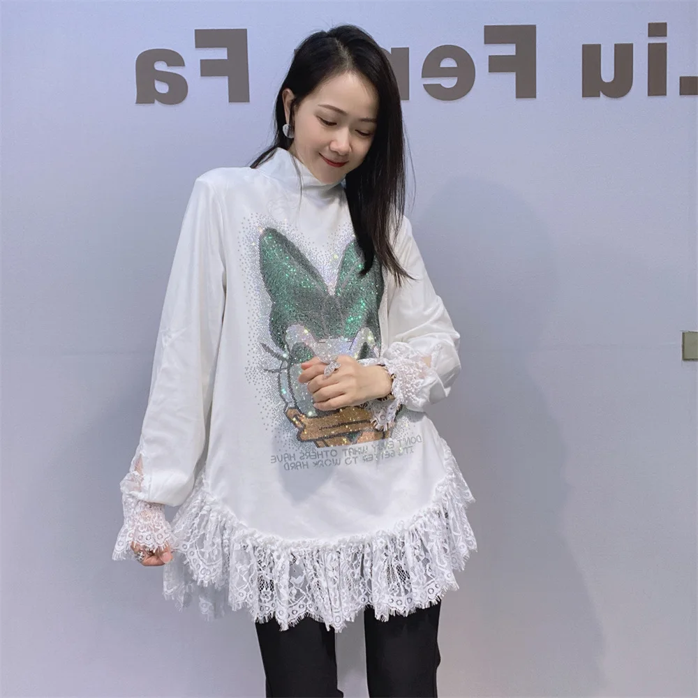 Sweet Double-sided Fleece Loose Bottoming Shirt Ladies Lace Patchwork Rhinestone High Neck Long Sleeved Top Autumn New T-shirt