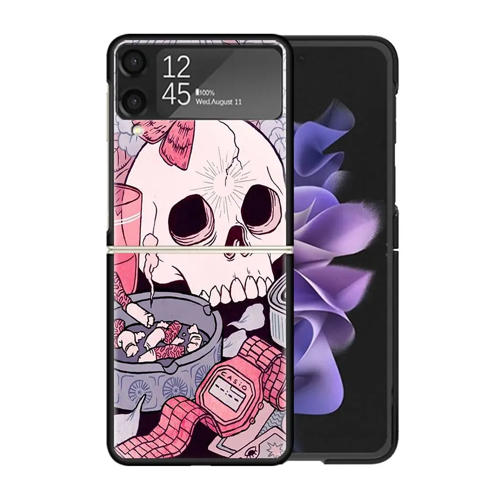 Pink Cat Skull Sorceress Witch Clear Phone Case For Samsung Z Flip 5 4 3 Galaxy ZFlip 6 5G Shockproof Hard Print Cover TPU PC Co