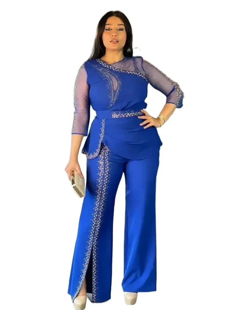 2 Piece Set Women Clothes Dashiki Diamond African Tops And Pants Trousers Suits 2024 Plus Size Party Clothing for Lady Outfits